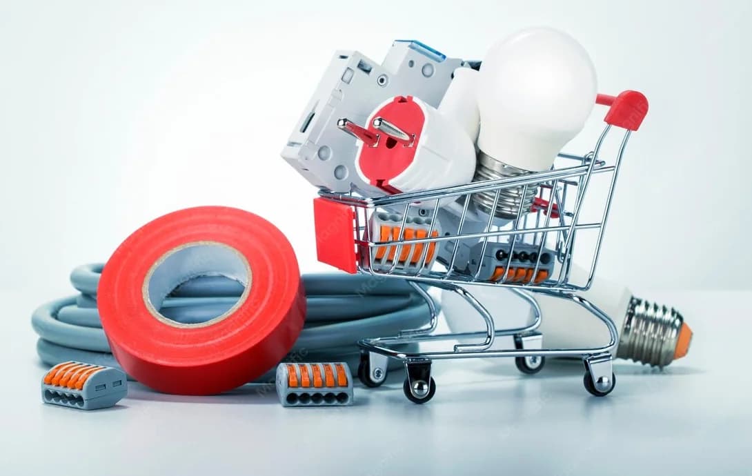 Coș de cumpărături cu materiale electrice: siguranță automată, priză, bec LED, bandă izolatoare, cablu și cleme de conexiune